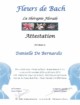 Attestation de formation thérapeutique en Fleurs de Bach, anamnèse et élixirs, délivrée par l’Institut Holistique de la Santé (IHS) en Suisse et la cabinet thérapeutique Au Cœur de la Fleur en Belgique et en Suisse, en février 2019. Attestation de thérapeute en Fleurs de Bach, anamnèse et élixirs, délivrée par l’Institut Holistique de la Santé (IHS) en Suisse et la cabinet thérapeutique Au Cœur de la Fleur en Belgique et en Suisse. Février 2019.