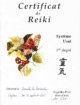 Certificat de formation et transmission de l’énergie reiki système Usui Ier degré, délivré par le cabinet thérapeutique Angelika Pilet en septembre 2007. Certificat de formation et transmission de l’énergie reiki, système Usui Ier degré, délivré par le cabinet thérapeutique Amgelika Pilet en 2007.