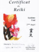 Certificat de formation et transmission de l’énergie reiki système Usui 2ème degré, qui me permet de transmettre l’énergie de guérison à distance, délivré par le cabinet thérapeutique Angelika Pilet en avril 2008. Certificat de formation et transmission de l’énergie reiki, système Usui 2ème degré, délivré par le cabinet thérapeutique Angelika Pilet en 2008.
